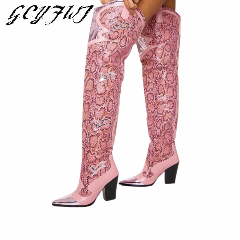 Women's Over-the-Knee Pink Snake Skin Boots
