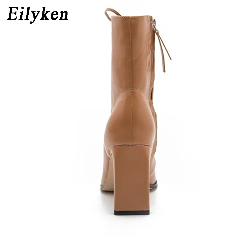 New Style Square Head Punk Women Ankle Boots Fashion Cross Strap Winter Autumn Zipper High Heels Shoes