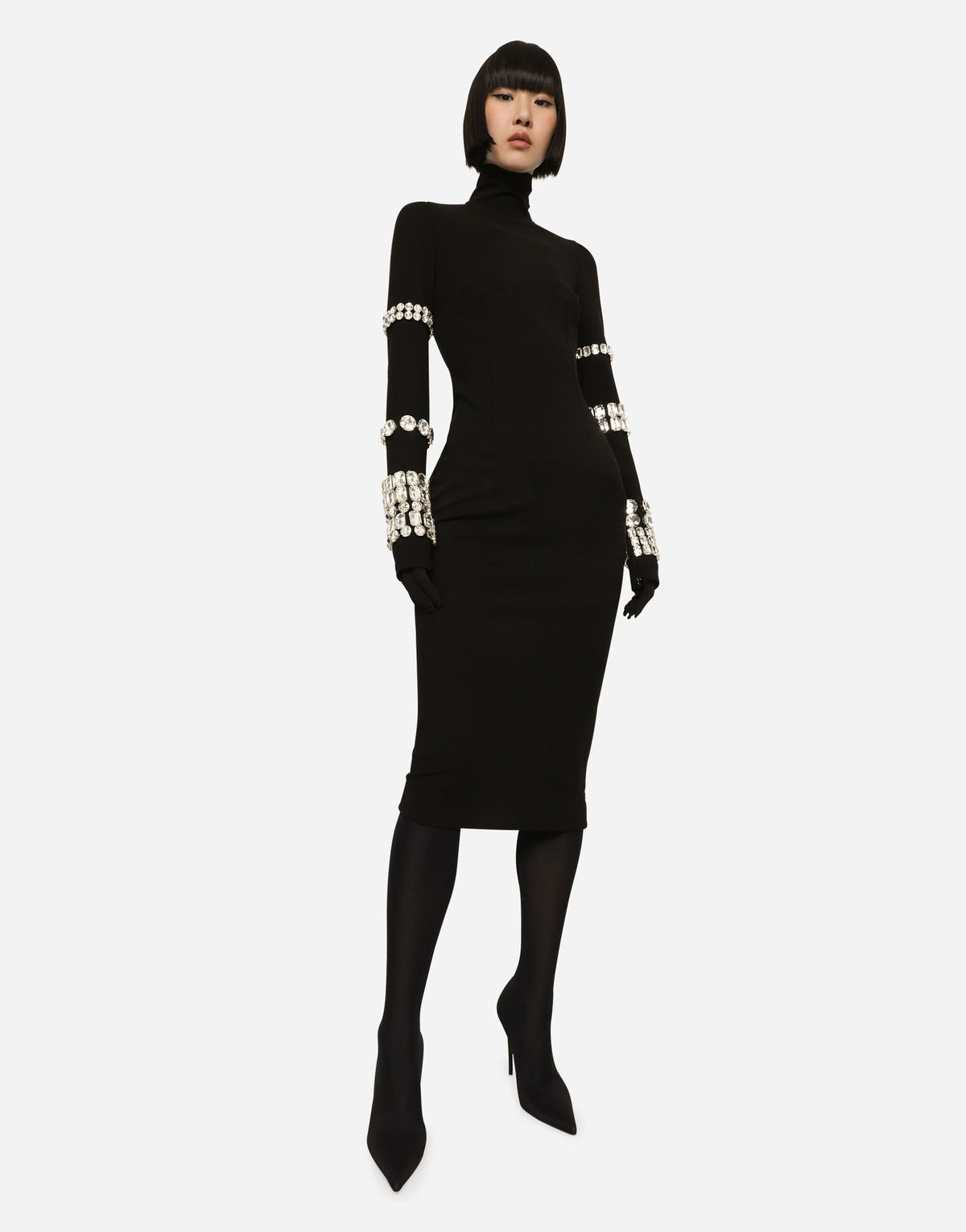 Luxury Party Dresses For Women Long Sleeve Gloves With Crystal Bandage Black Midi Dress Evening Gowns  Autumn Winter