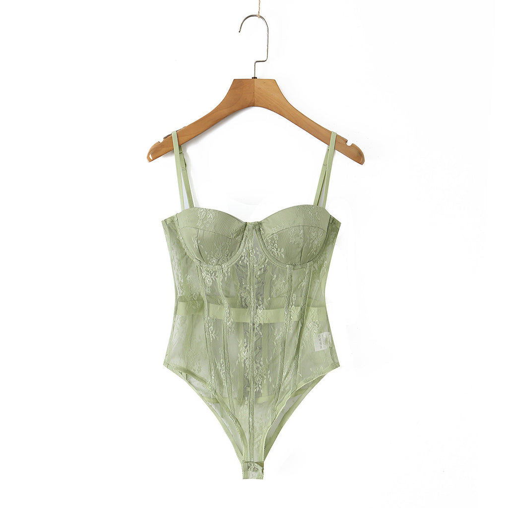 Green mesh fishbone corset tight waist bodysuit camisole top
