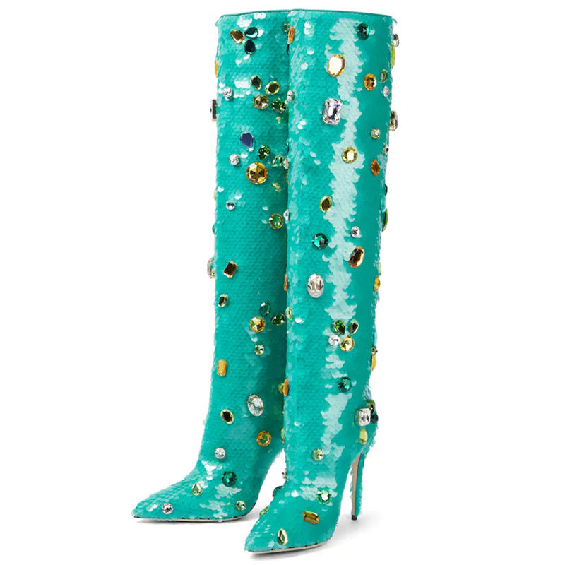 Gemstone Sequin Stiletto Knee-High Boots