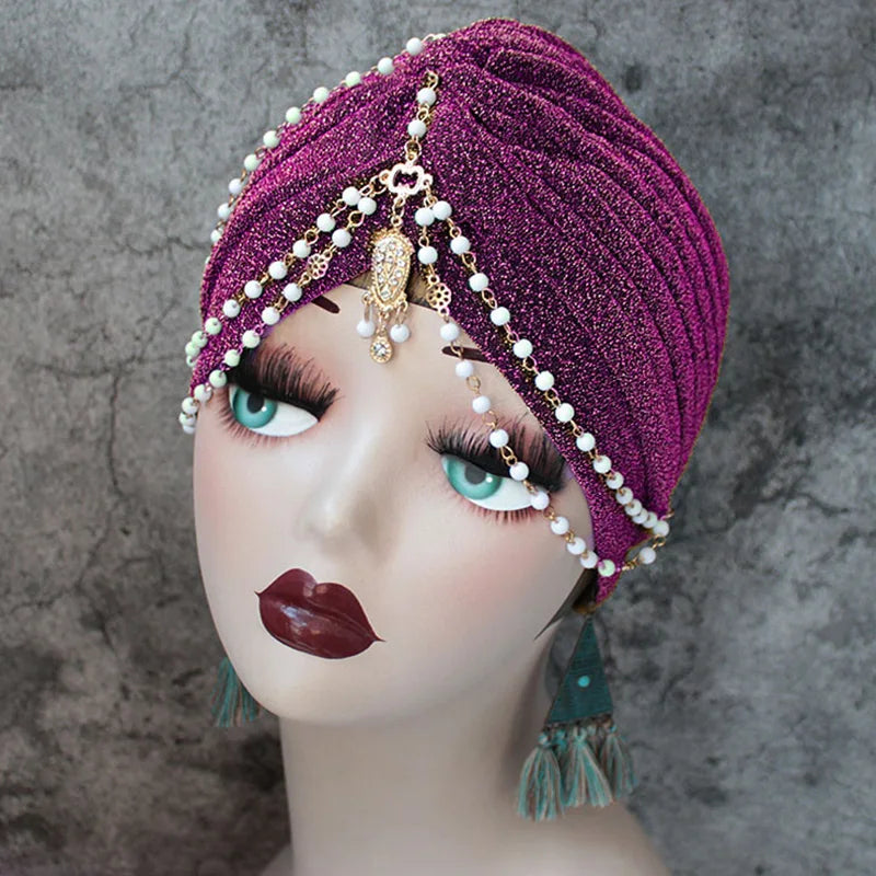 Fashion Exotic Muslim Turban Women Boho Pearl Chain Head Scarf Bonnet Hijab Cap Solid/Leopard Arab Dance Party Wrap Turbantes