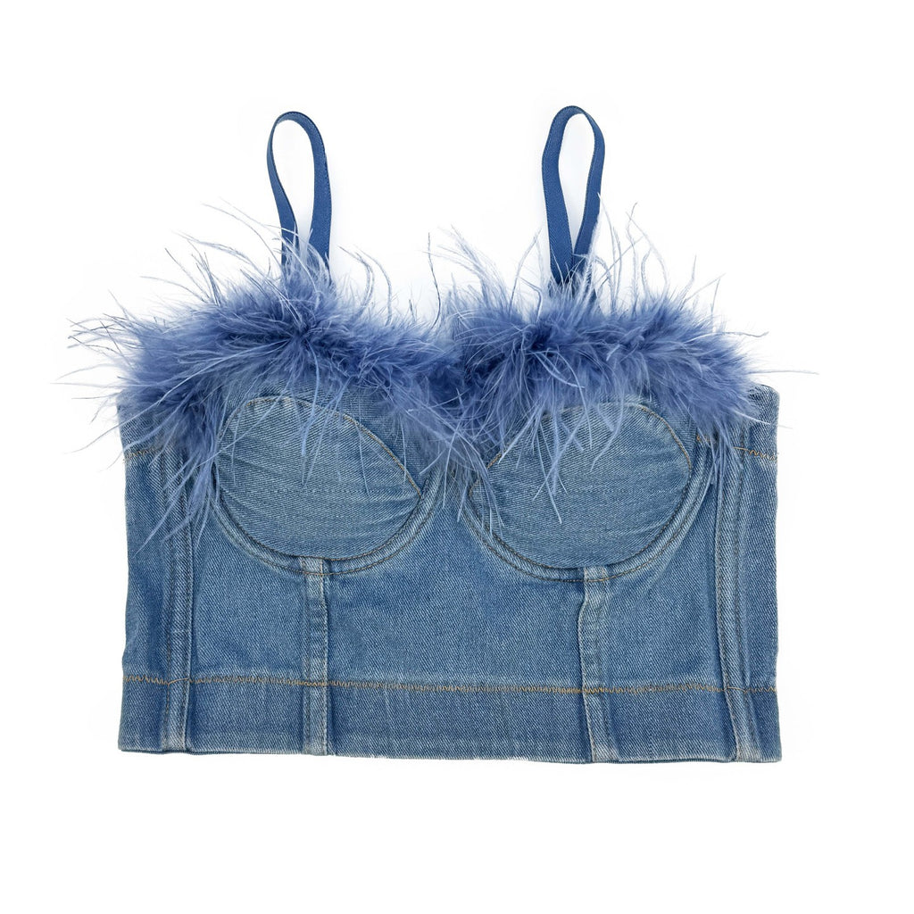 Denim Corset Strapless Top with Built-in Pads Sweet and Spicy Feather Bralette
