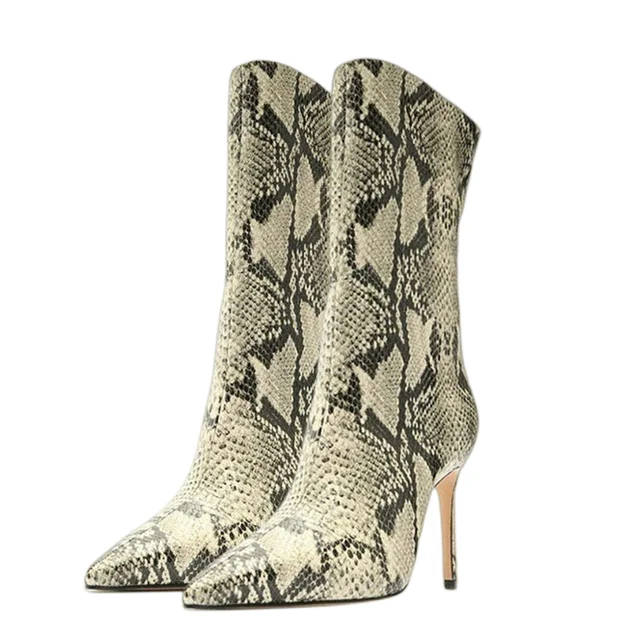 Sexy Ladies 9cm Stiletto Heel Pointed Toe Ankle Boots High Quality Stone Print Snakeskin Short Boots New Women's Shoes