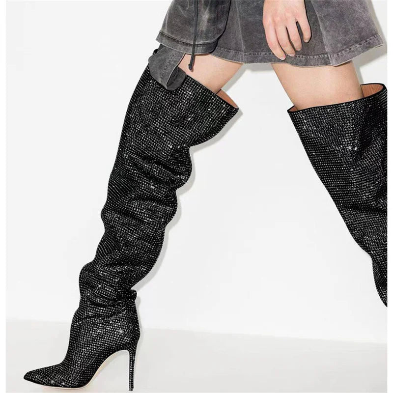 High Quality Crystal Women's Thigh High Boots Runway Stiletto Luxury Designer Shoes Rhinestone Pleated Boots Female Women Shoes
