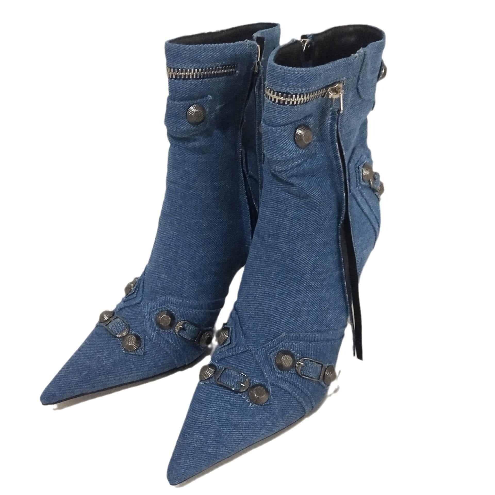Metal Rivet Blue Denim Short Boots Silver Microfiber Leather Side Zipper Pin Buckle