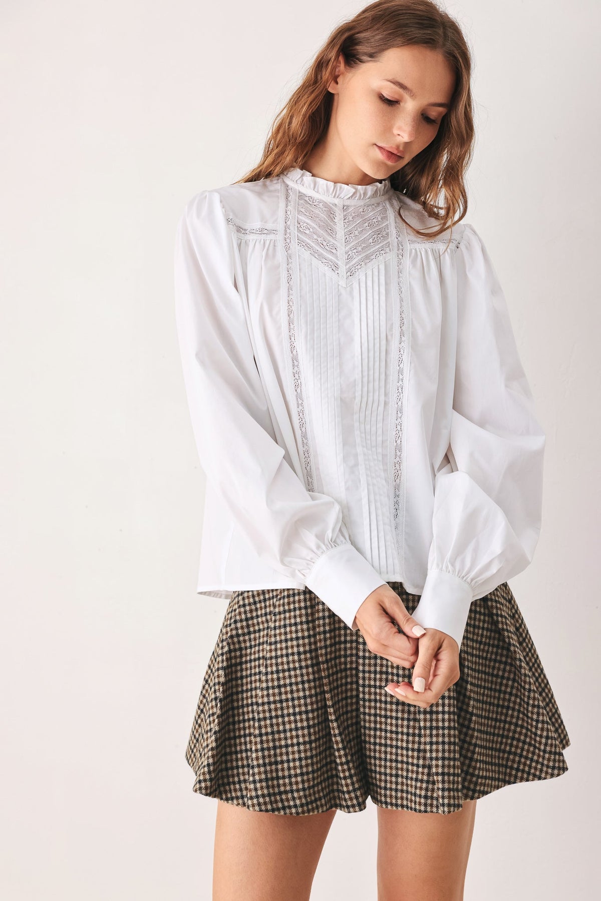 Flying Tomato Porcelain Lace Pintuck Blouse-3