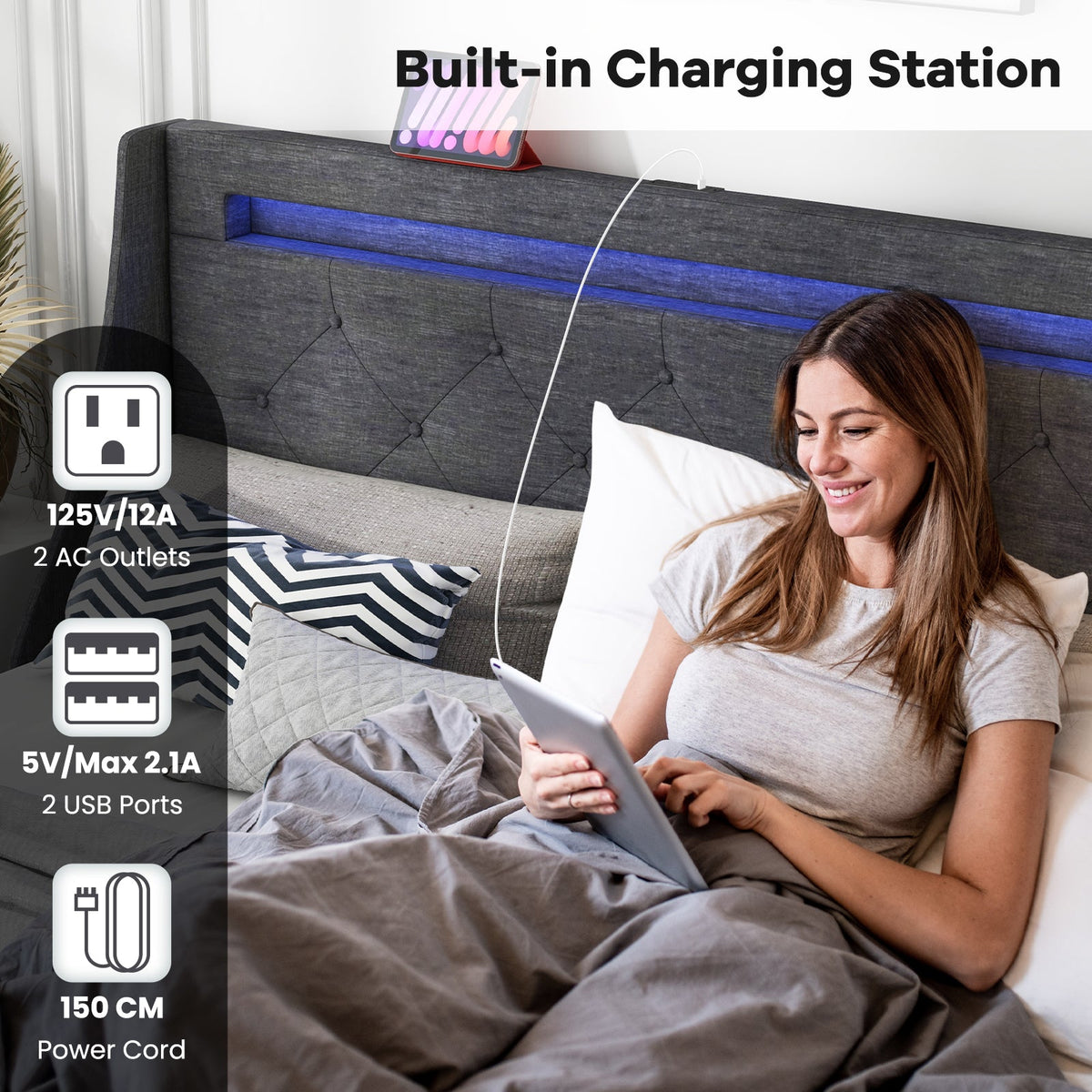 Full Size Bed Frame with LED Lights Wingback Headboard and Charging Station-Grey