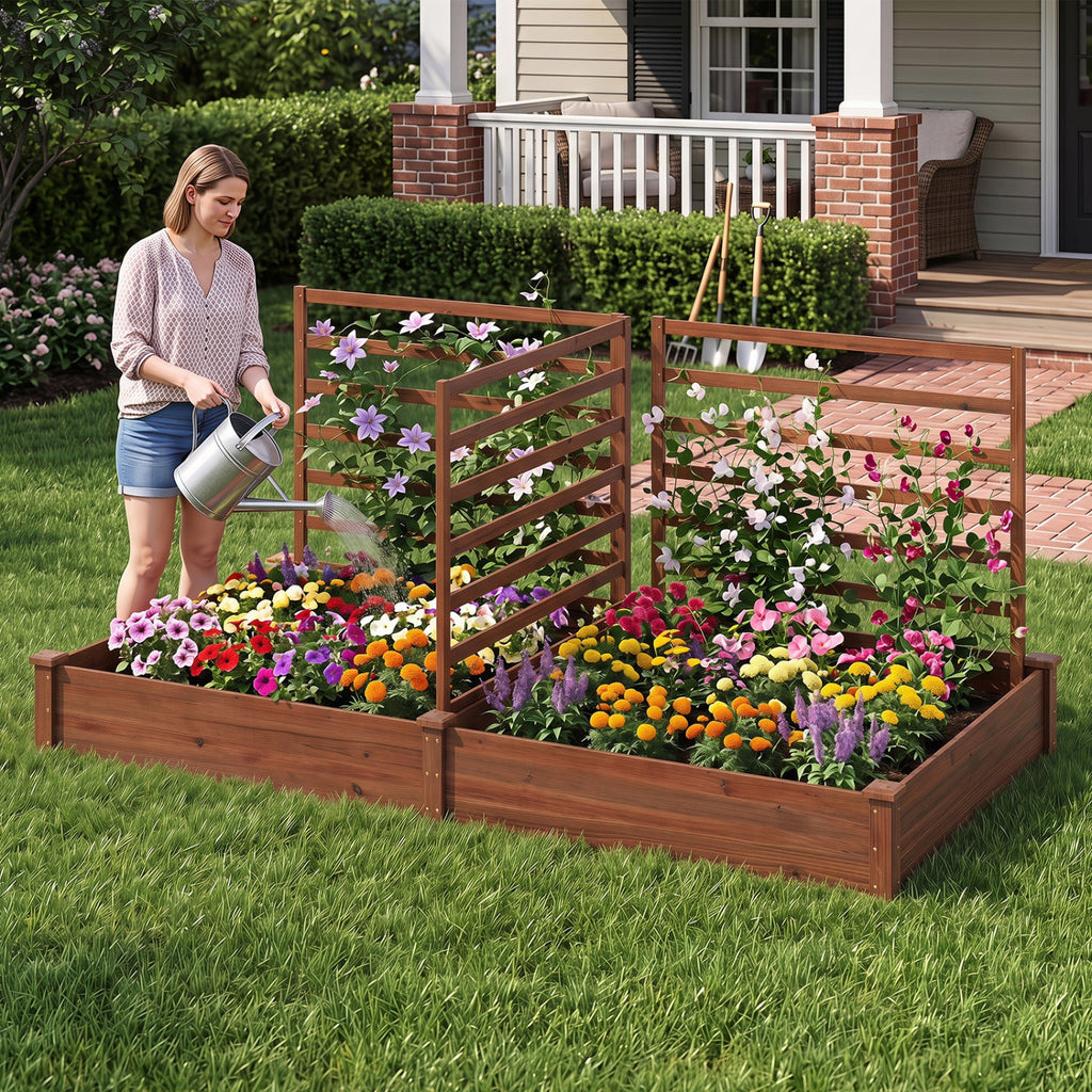 Raised Garden Bed with 2 Planter Boxes and 3 Trellis-Natural