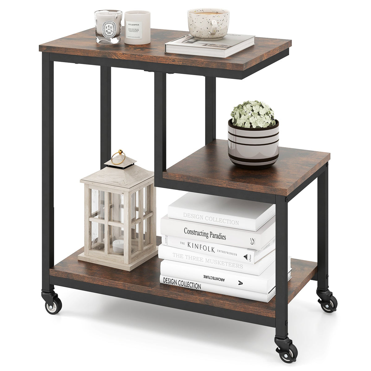G-shaped Side Table 3-Tier Mobile End Table with Open Shelves