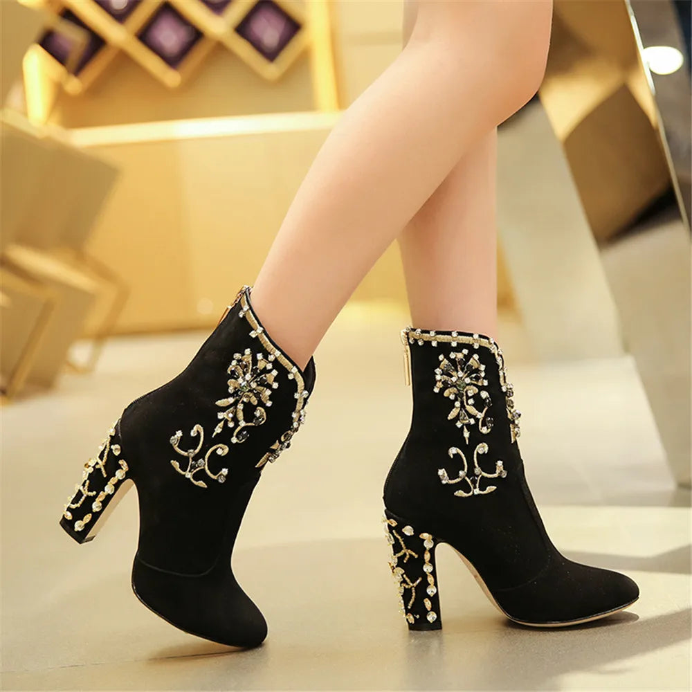 Women Kid Suede Ankle Boots Zipper Round Toe Crystal Square Heels Spring/Autumn Party Shoes