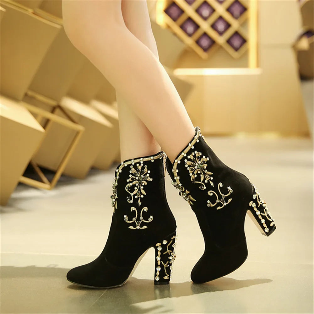 Women Kid Suede Ankle Boots Zipper Round Toe Crystal Square Heels Spring/Autumn Party Shoes