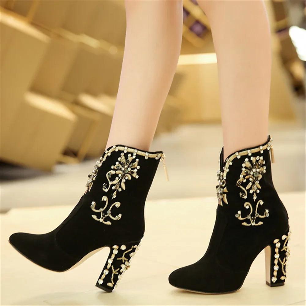 Women Kid Suede Ankle Boots Zipper Round Toe Crystal Square Heels Spring/Autumn Party Shoes