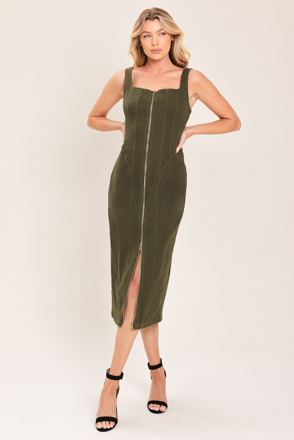 Flying Tomato Modern Cargo Chic Woven Twill Midi Dress