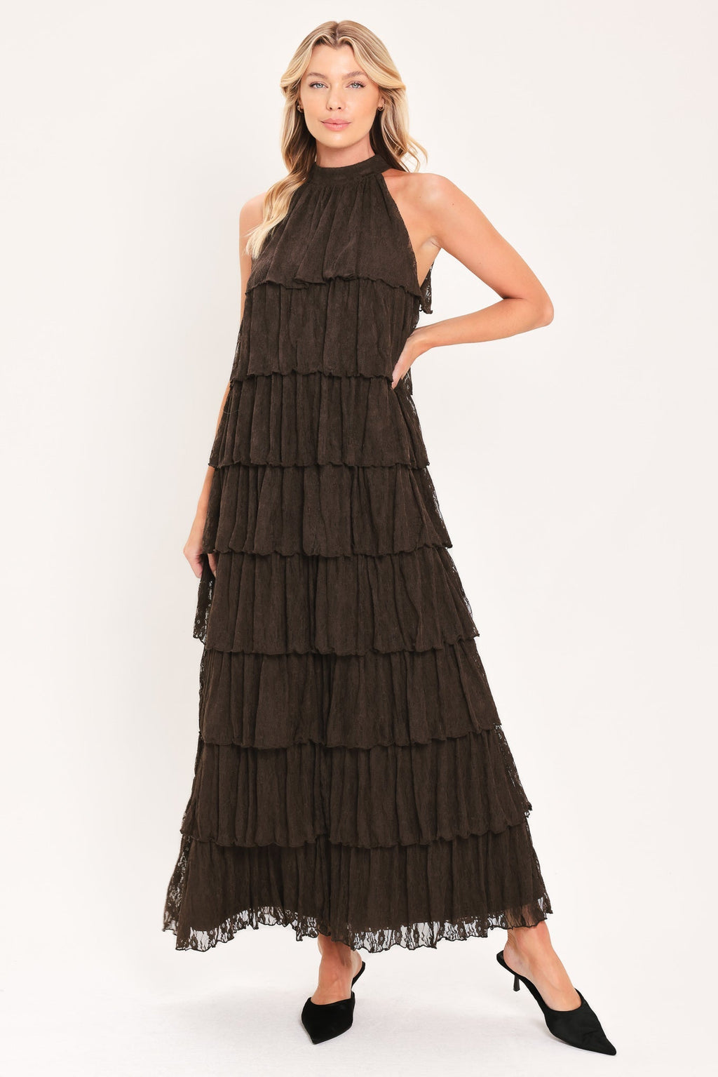 Flying Tomato Deep Brown Tiered Lace Halter Maxi Dress