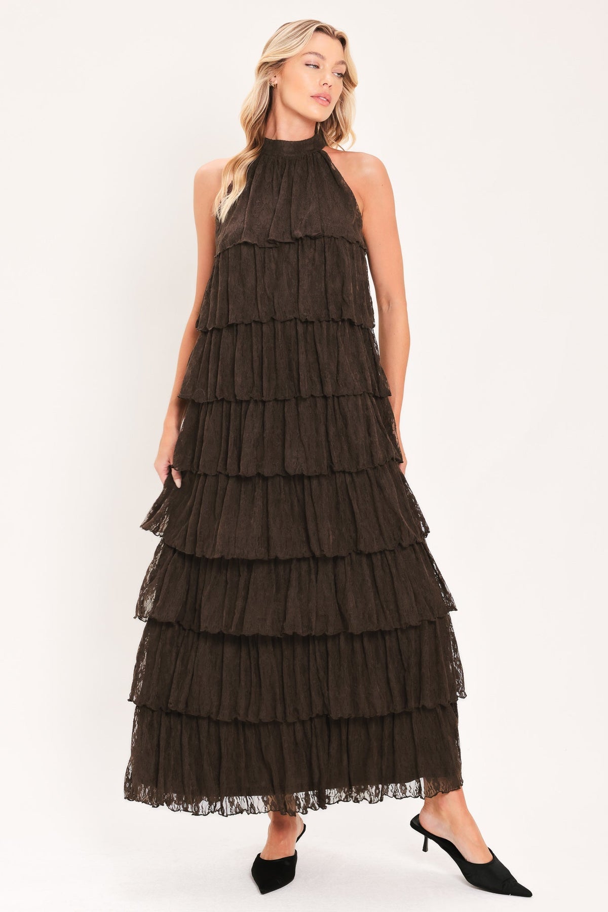 Flying Tomato Deep Brown Tiered Lace Halter Maxi Dress