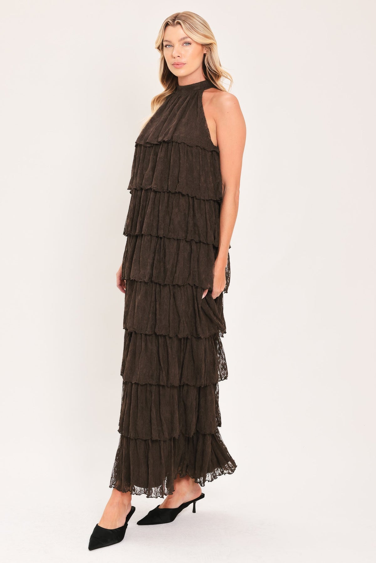Flying Tomato Deep Brown Tiered Lace Halter Maxi Dress