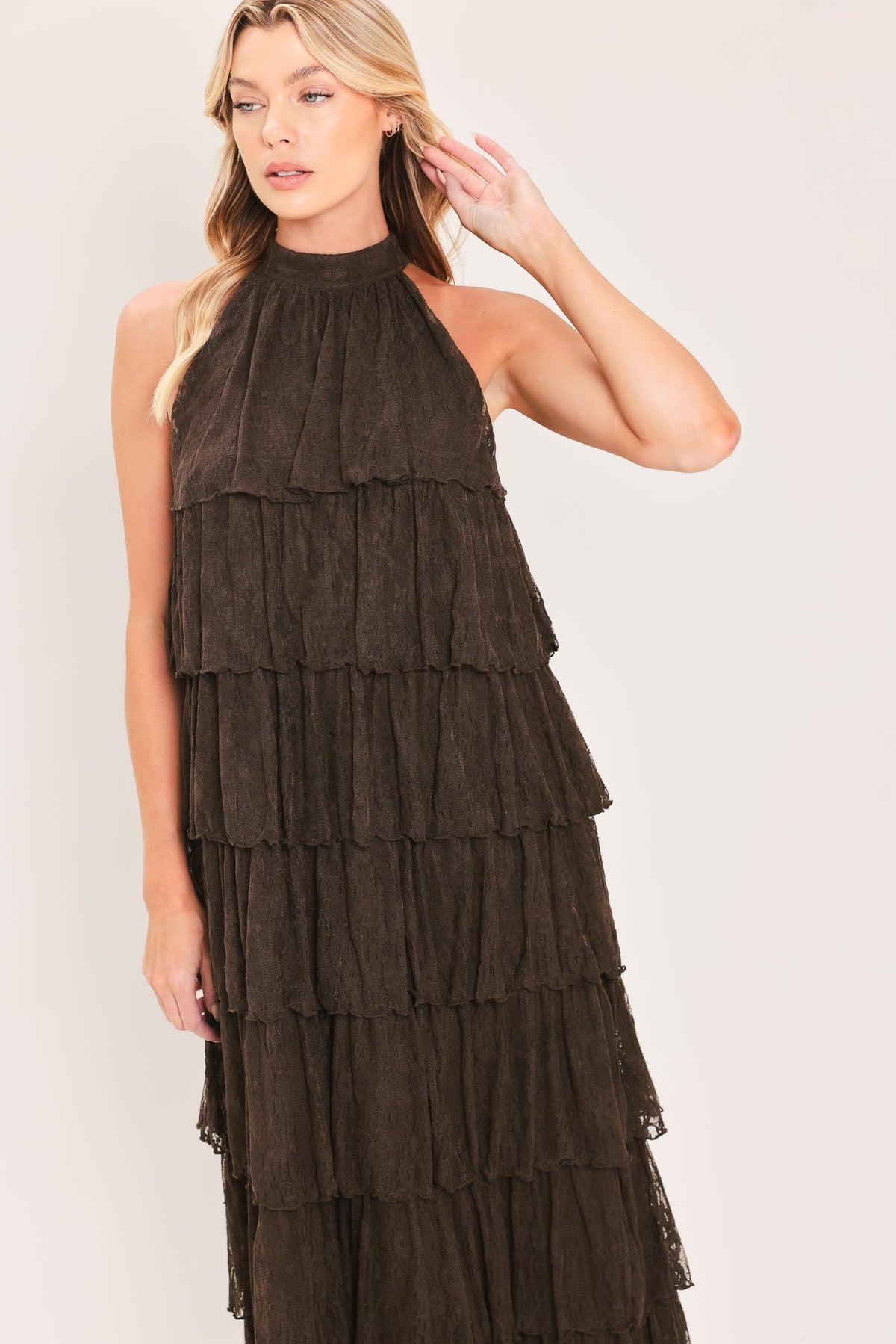 Flying Tomato Deep Brown Tiered Lace Halter Maxi Dress
