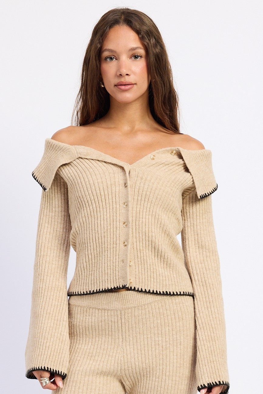 Emory Park Josie Off-Shoulder Button-Front Sweater — Oatmeal-0