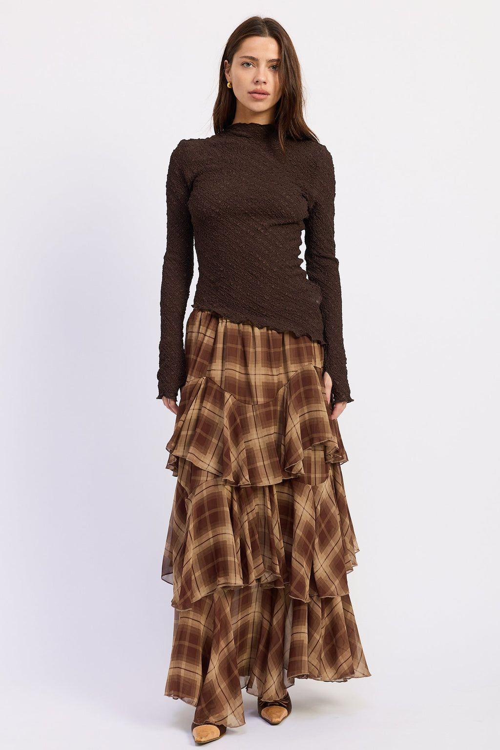 Emory Park Chelsea Tiered Checkered Maxi Skirt