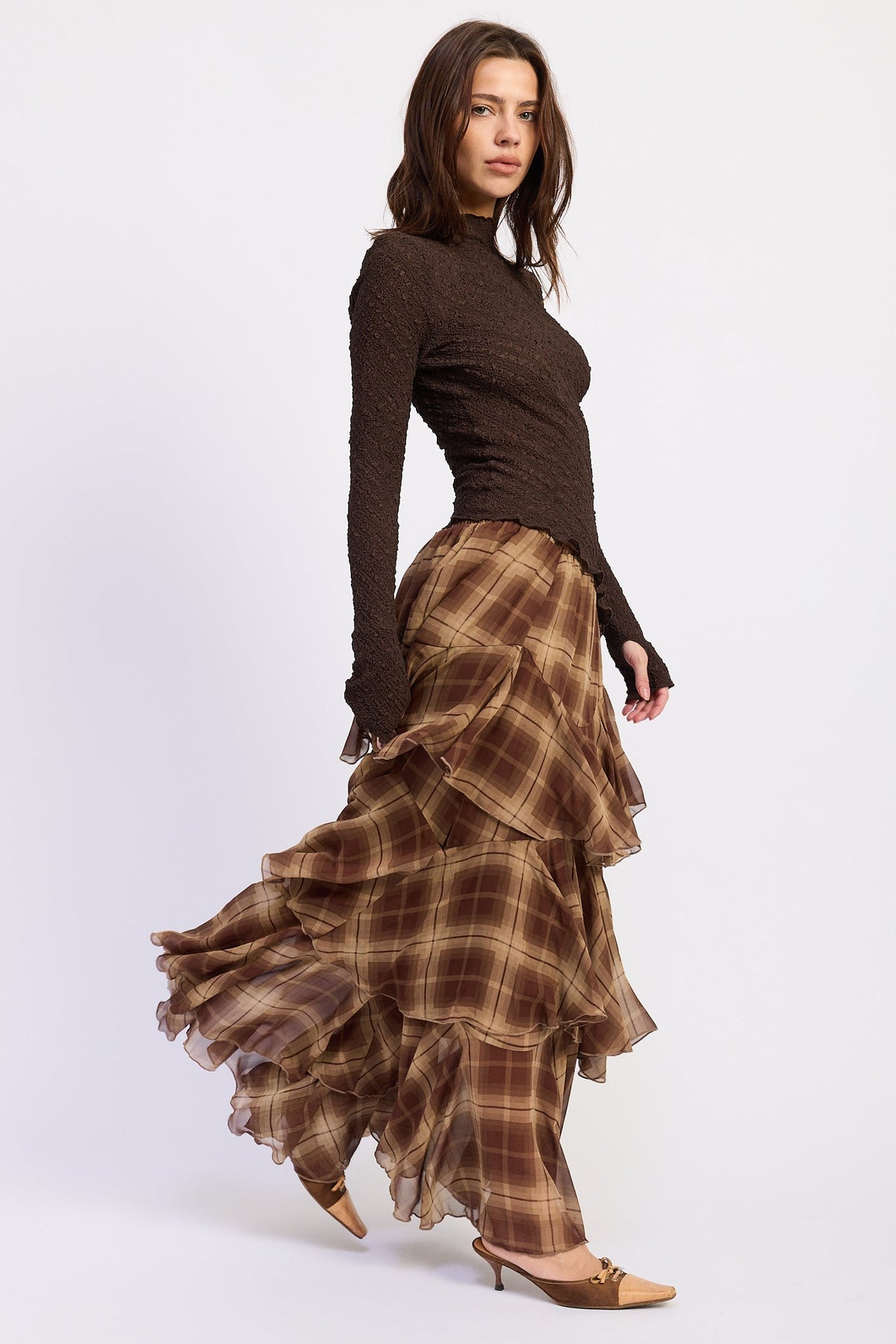 Emory Park Chelsea Tiered Checkered Maxi Skirt
