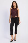 Emory Park Sasha Faux Suede Fringe Halter Top — Black Cherry-3