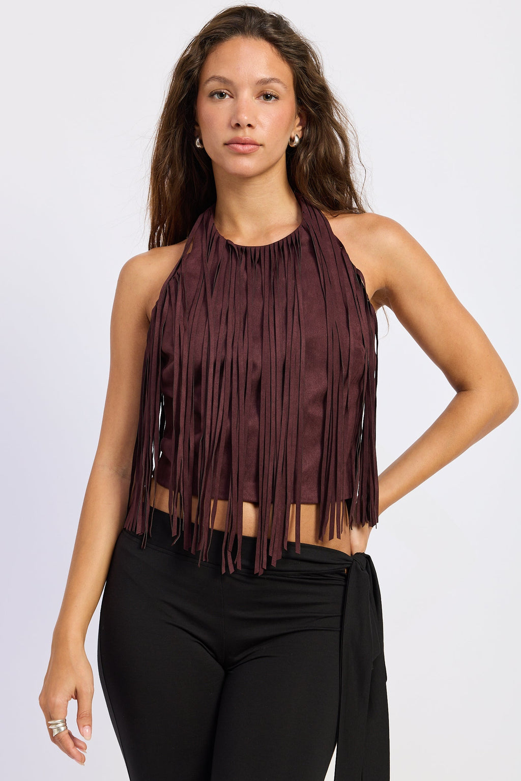 Emory Park Sasha Faux Suede Fringe Halter Top — Black Cherry-0