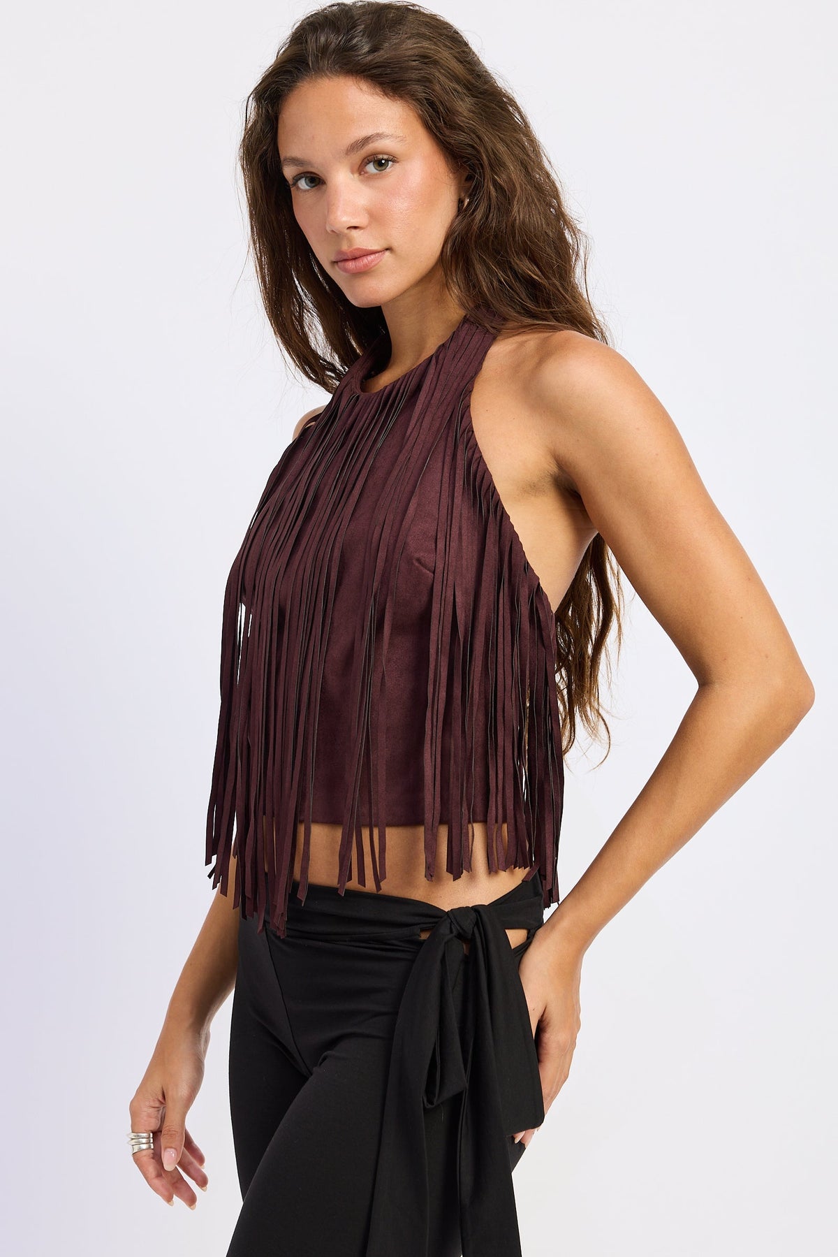Emory Park Sasha Faux Suede Fringe Halter Top — Black Cherry-1