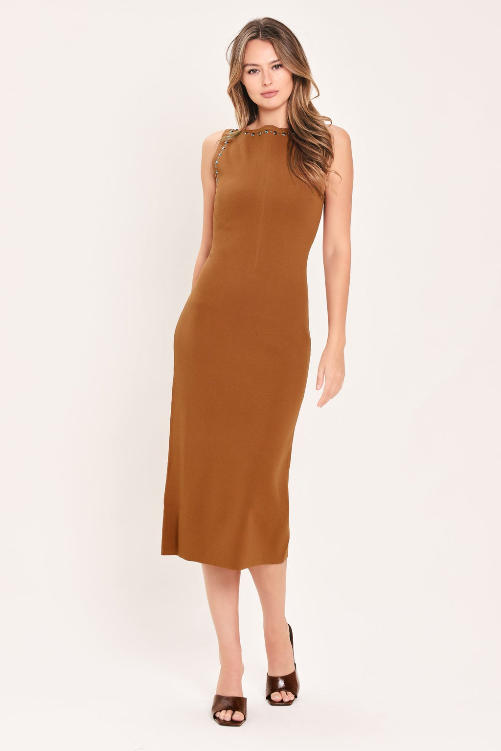Flying Tomato | Cognac Studded Sweater Midi Dress-0