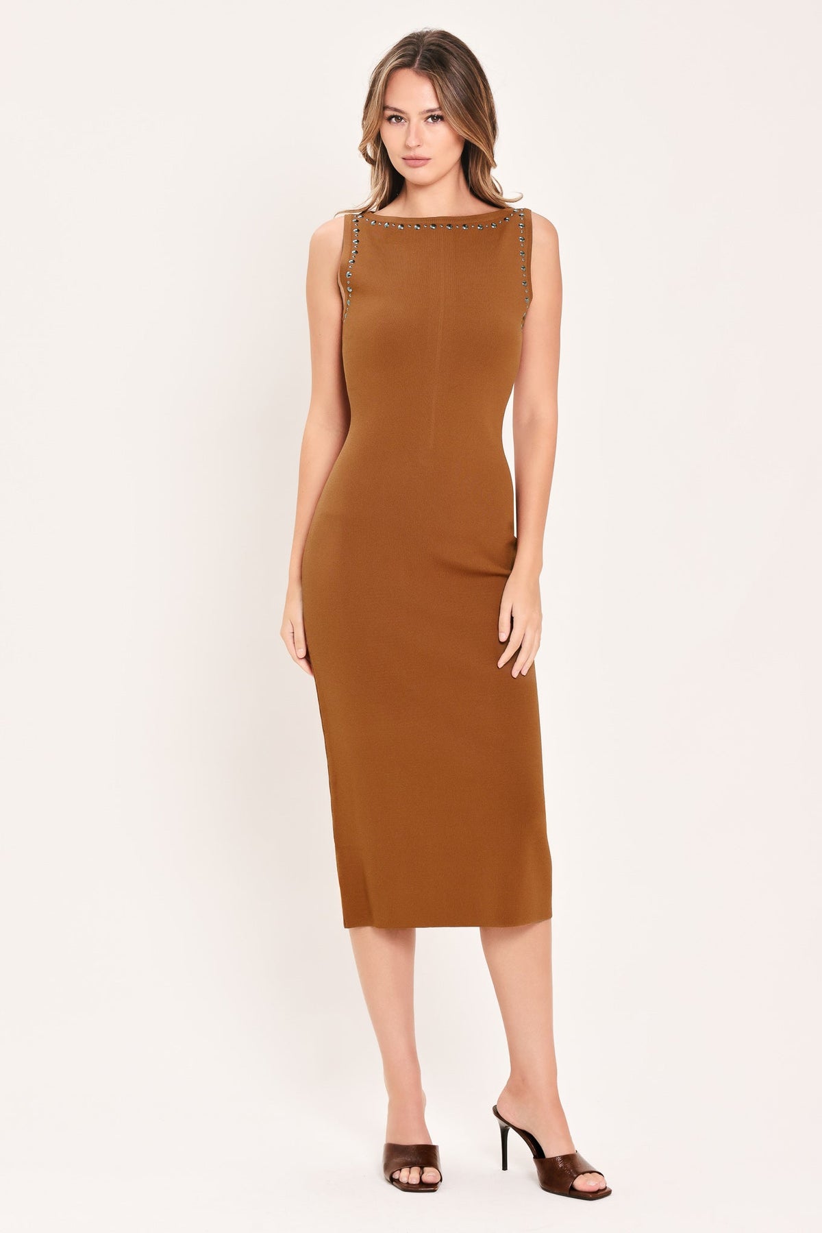 Flying Tomato | Cognac Studded Sweater Midi Dress-4