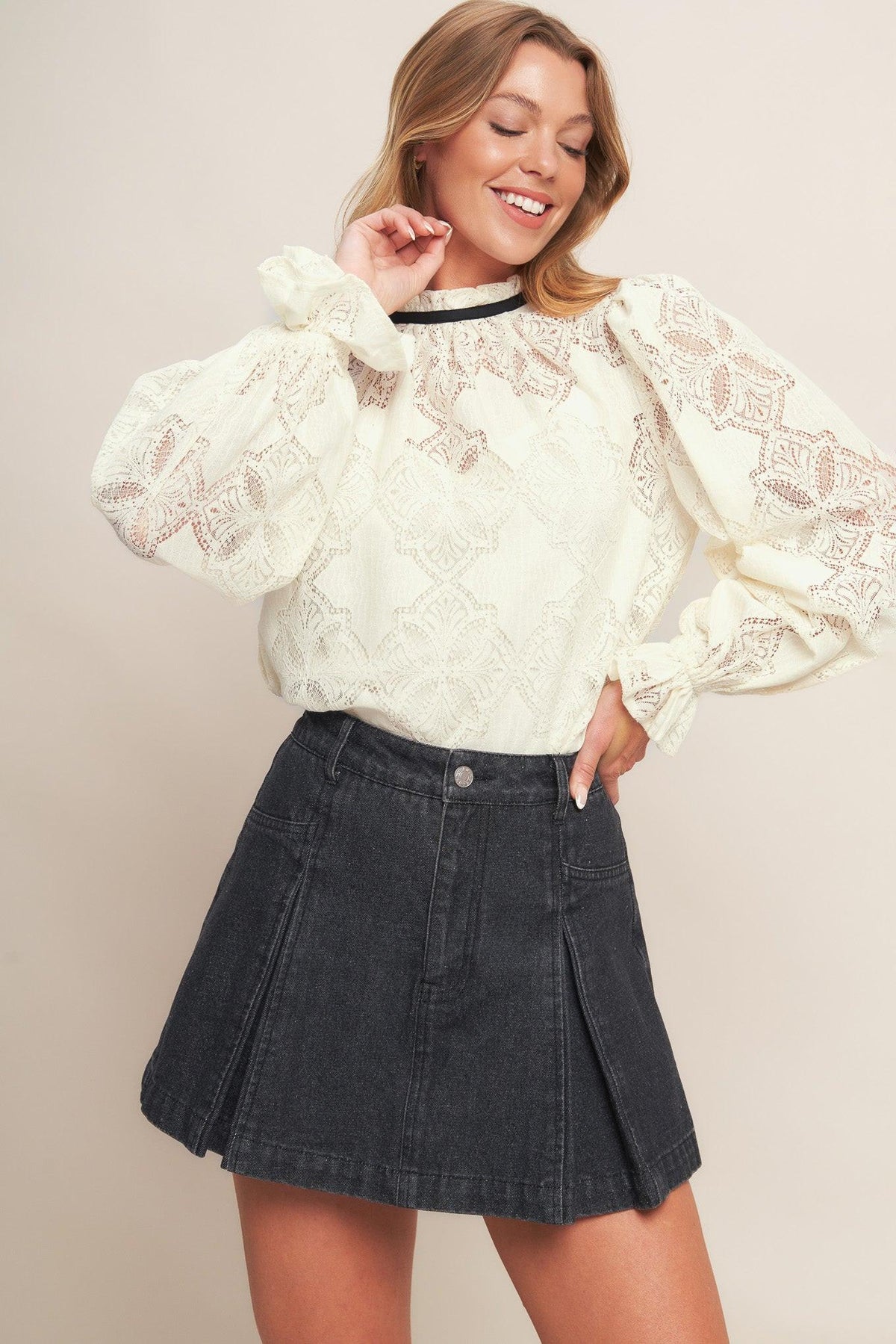 Precious Look Ivory Woven Lace Top-0