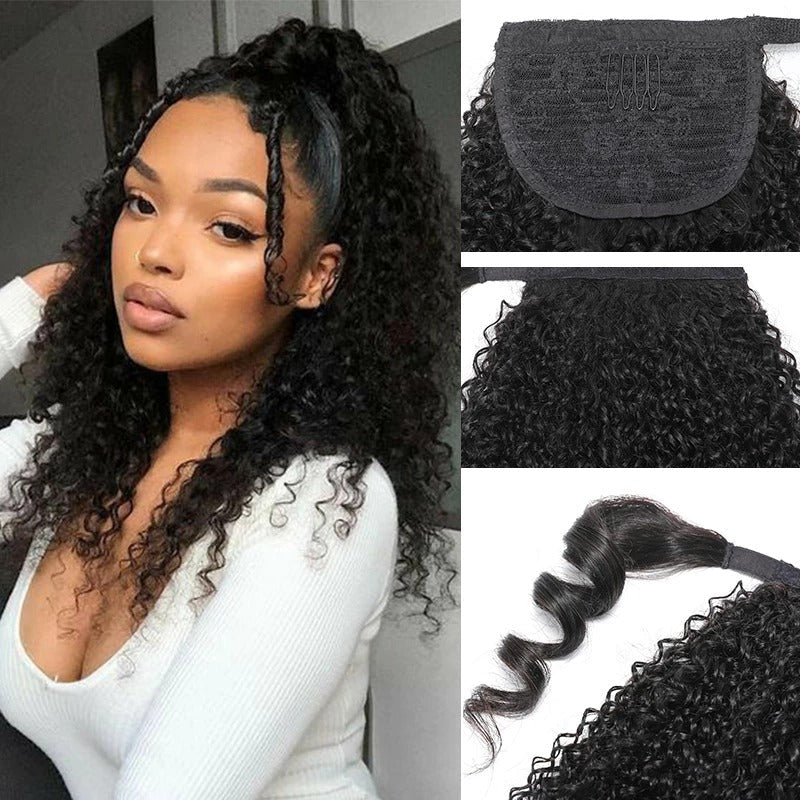 Junoda Wrap Around Magic Velcro Ponytail Extension Human Hair Kinky Curly Ponytail