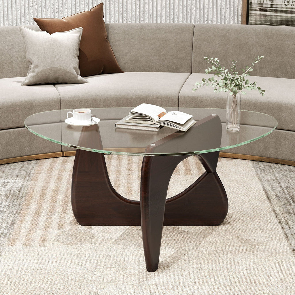 Triangle Coffee Table with Tempered Glass Top and Adjustable Rubber Wood Base