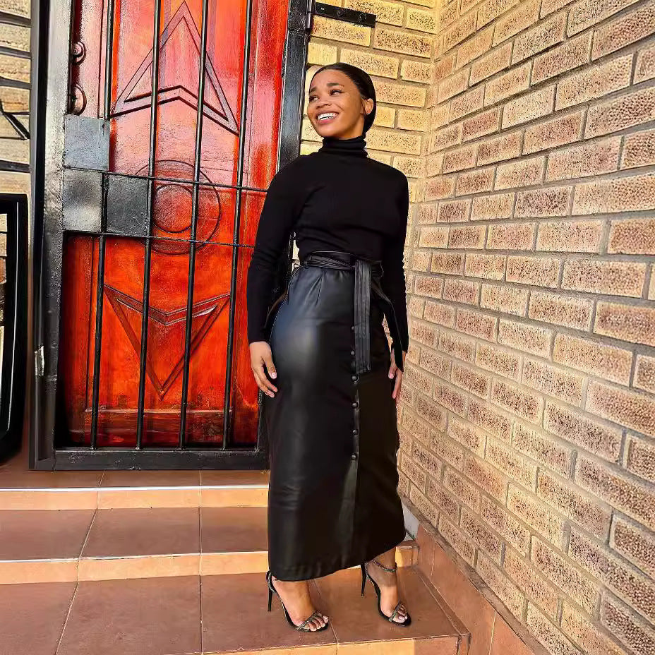 The Buckle Slit Leather Skirt — Black
