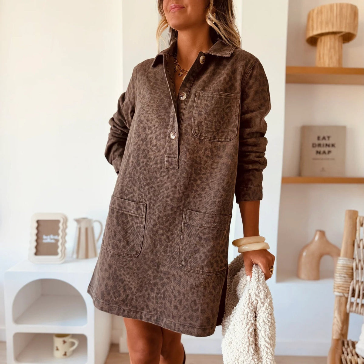 Women Collared Long Sleeve Loose Denim Dress