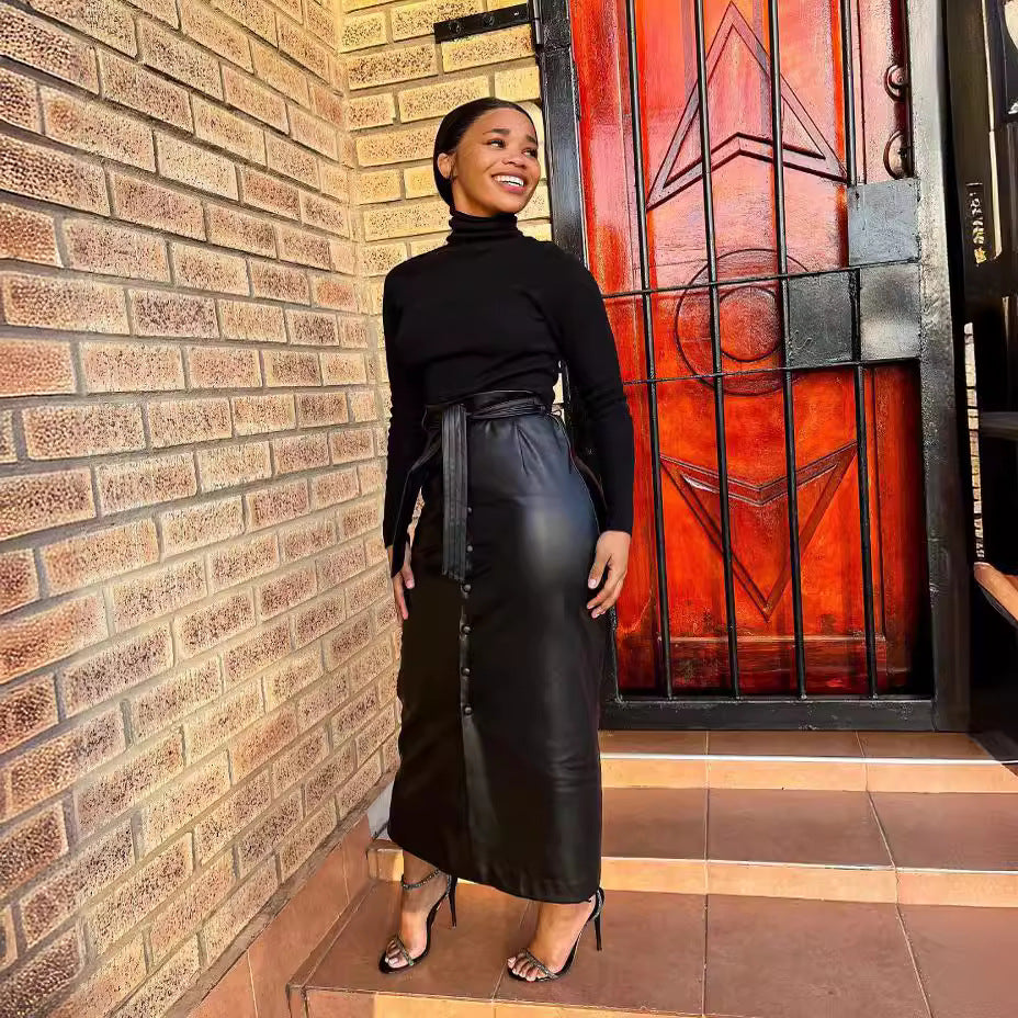 The Buckle Slit Leather Skirt — Black