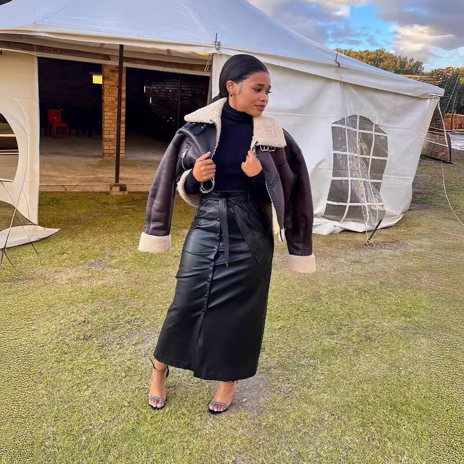 The Buckle Slit Leather Skirt — Black