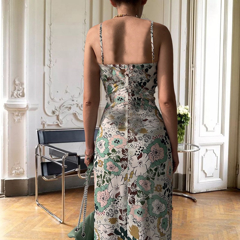 Women's Printed Backless Slit Sling Dress
