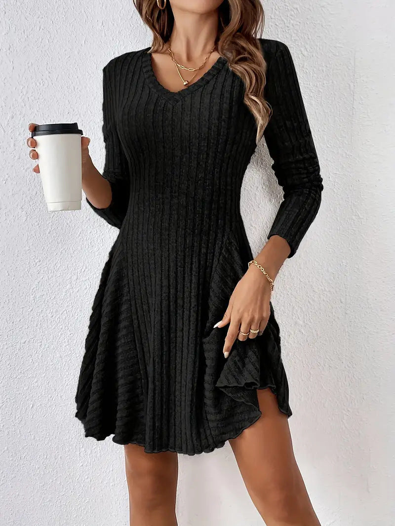 Elegant Knitted V neck Long Sleeve Dress Short Dress Large Swing Dress Women Clothing