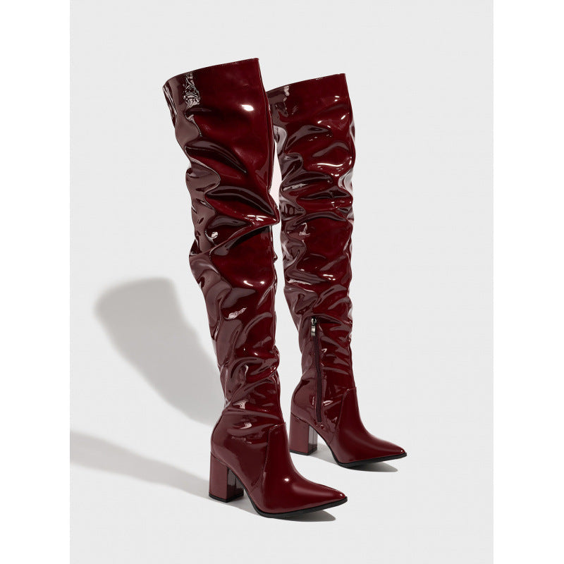 Pointed Toe Thick Heel Leather Boots