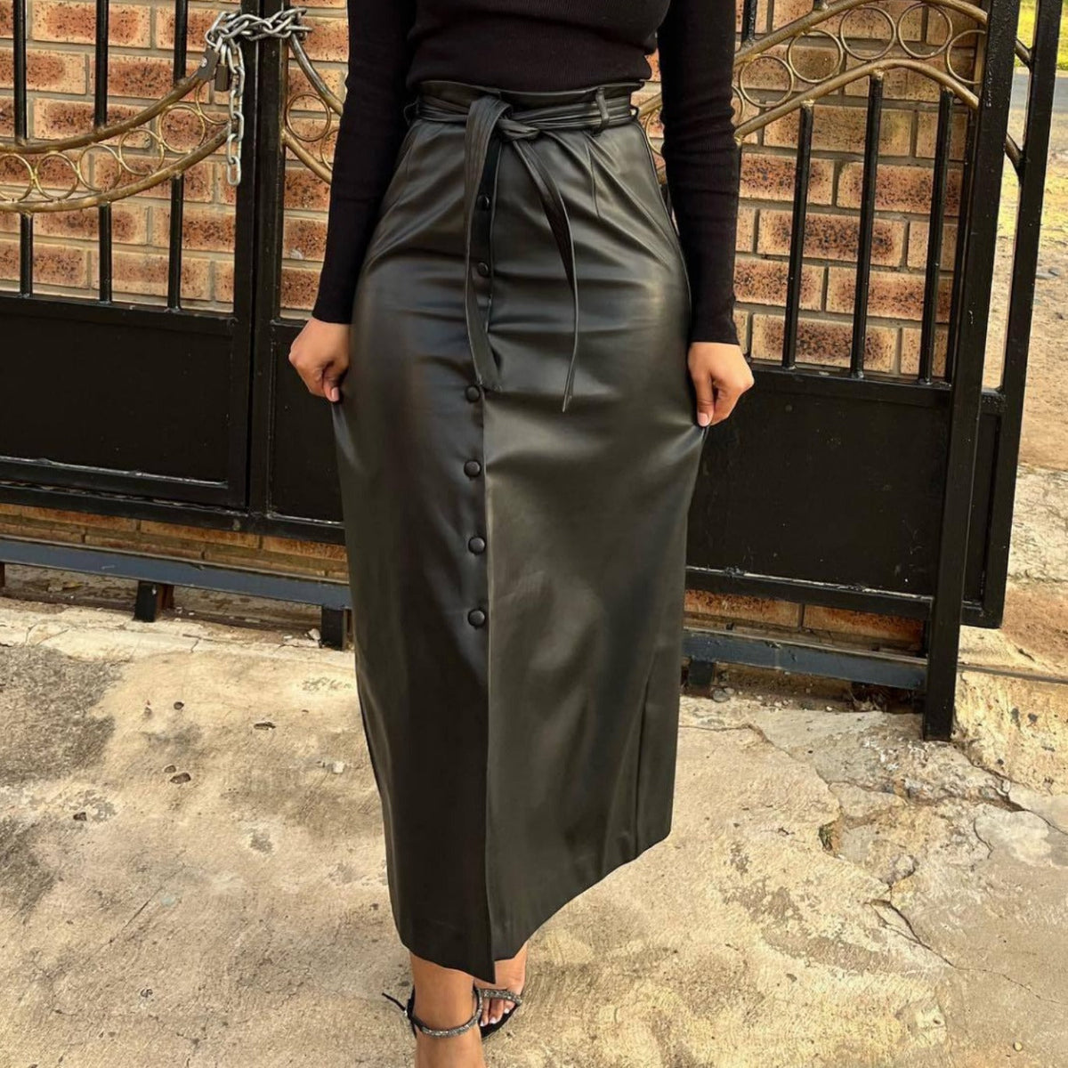 The Buckle Slit Leather Skirt — Black
