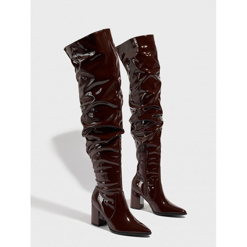 Pointed Toe Thick Heel Leather Boots