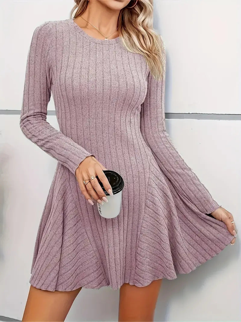 Elegant Knitted V neck Long Sleeve Dress Short Dress Large Swing Dress Women Clothing