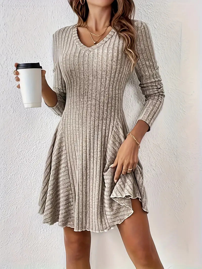 Elegant Knitted V neck Long Sleeve Dress Short Dress Large Swing Dress Women Clothing