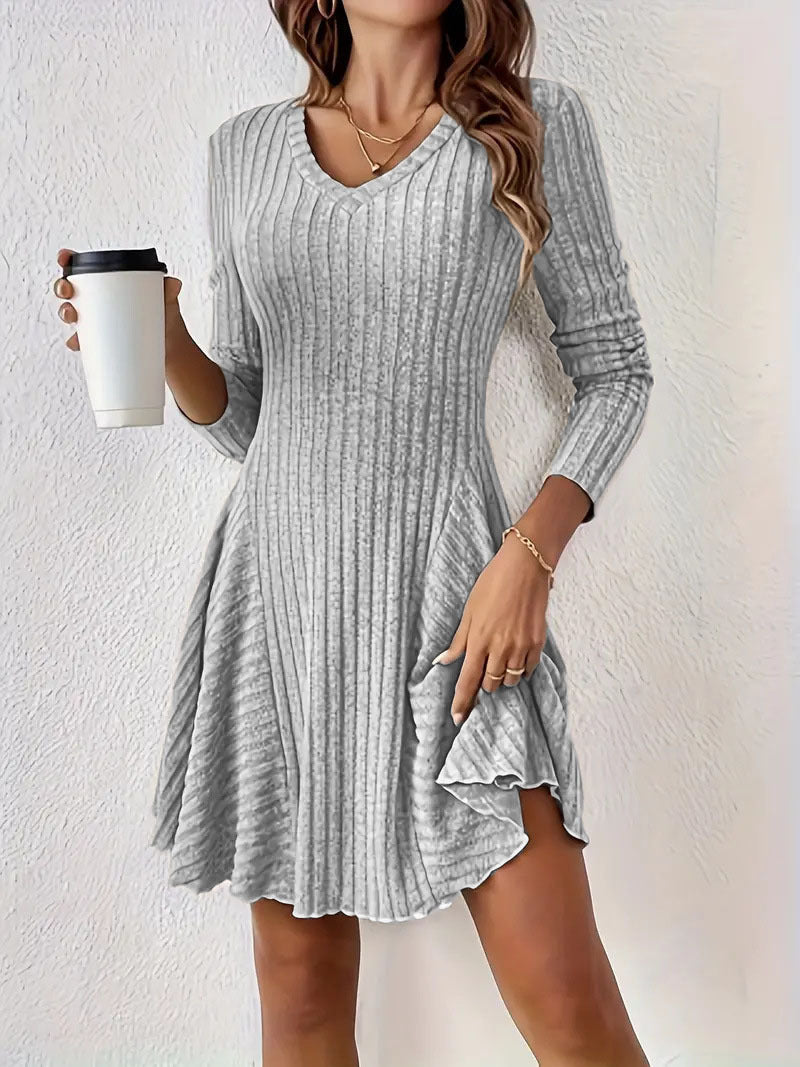 Elegant Knitted V neck Long Sleeve Dress Short Dress Large Swing Dress Women Clothing