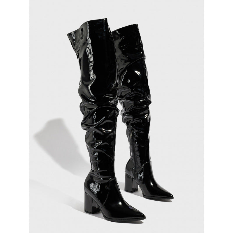 Pointed Toe Thick Heel Leather Boots