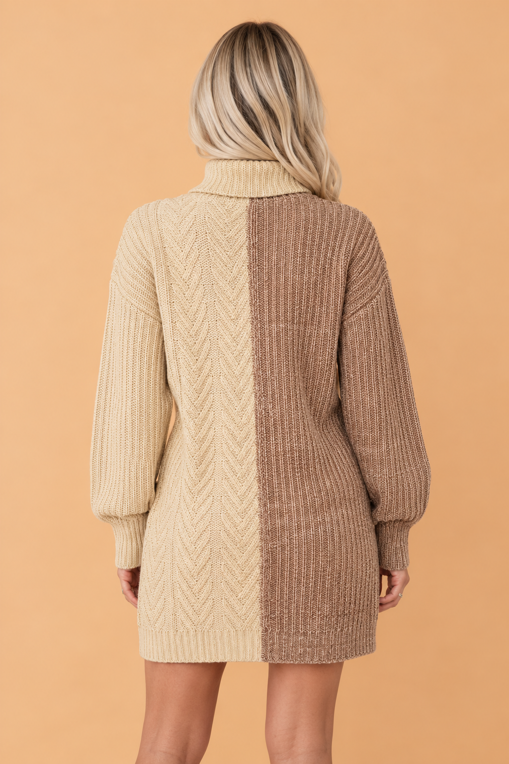 Colorblock Cable Knit Turtleneck Mini Dress — Parchment-1