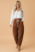 Chestnut Corduroy Barrel Pants with Drawstring Waist-0