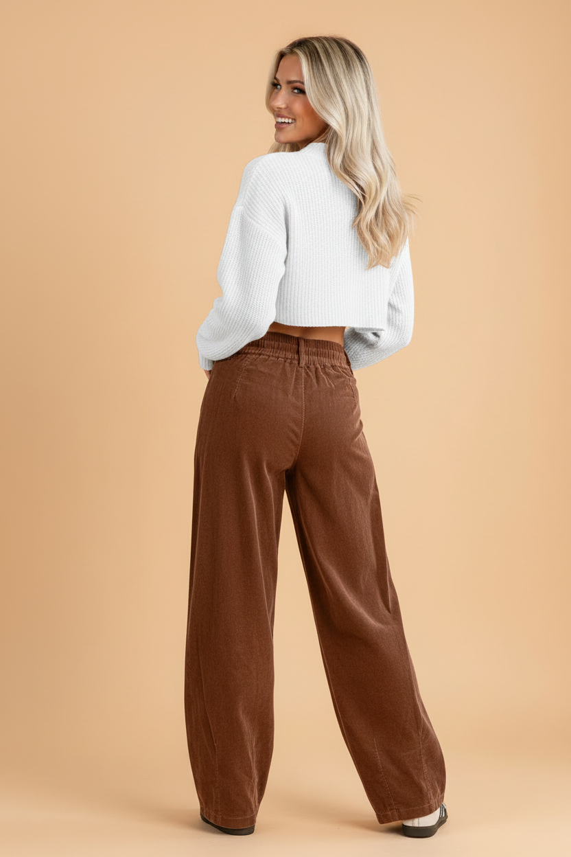 Chestnut Corduroy Barrel Pants with Drawstring Waist-1
