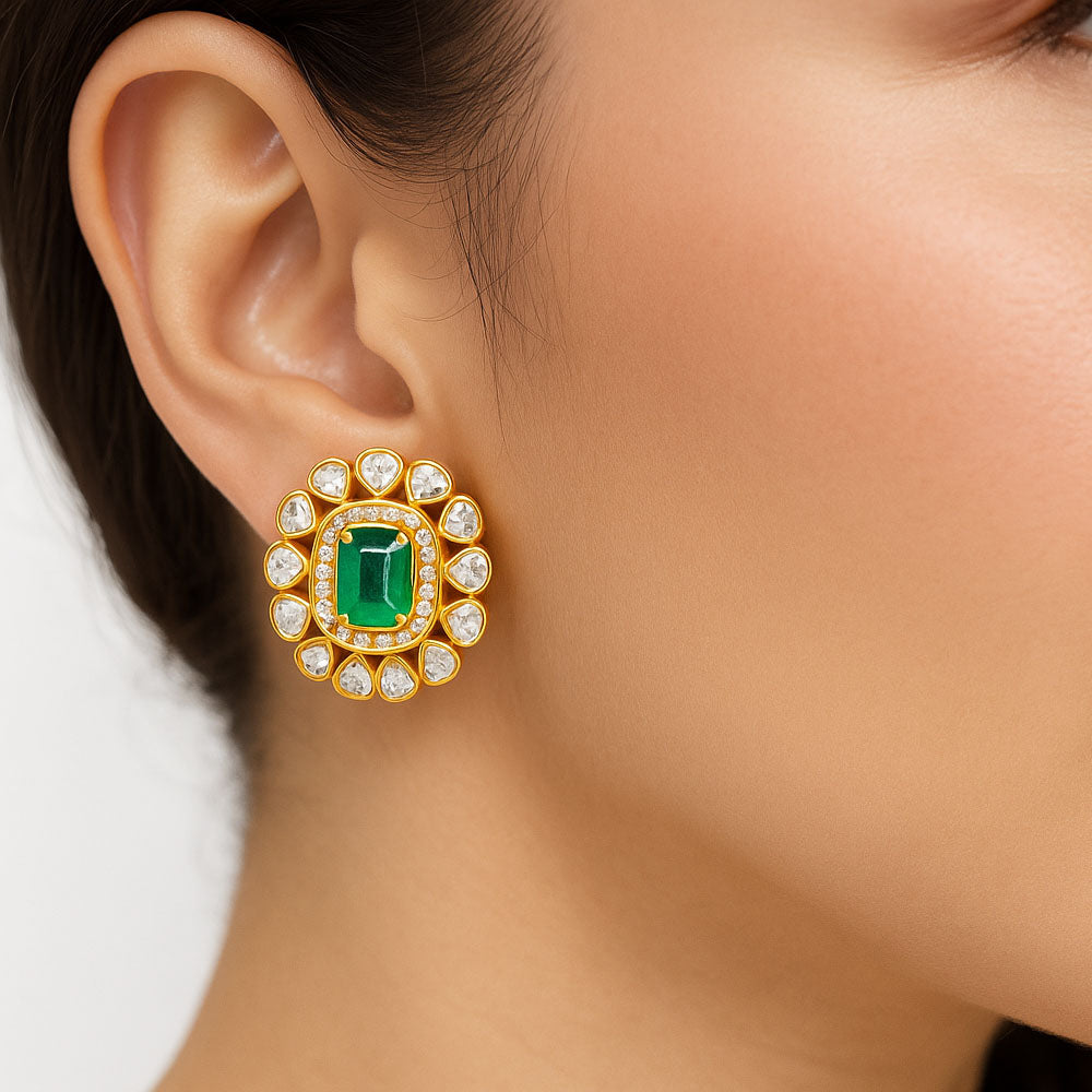 Royal Kundan Polki Stud Earrings 18K Gold Plated Handmade Jewelry PGE1001